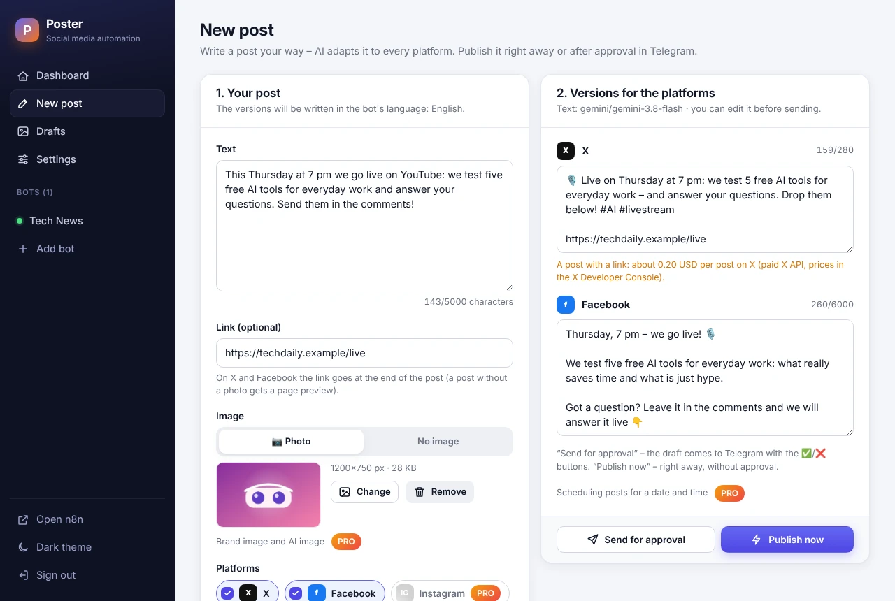 New post: your text and its versions for X and Facebook