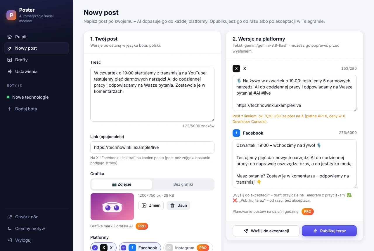 Nowy post: Twój tekst i jego wersje na X i Facebooka