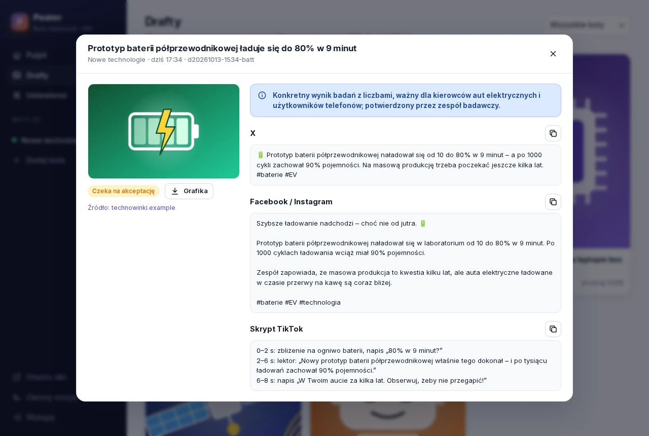 Szczegóły draftu: grafika, teksty postów i scenariusz TikToka