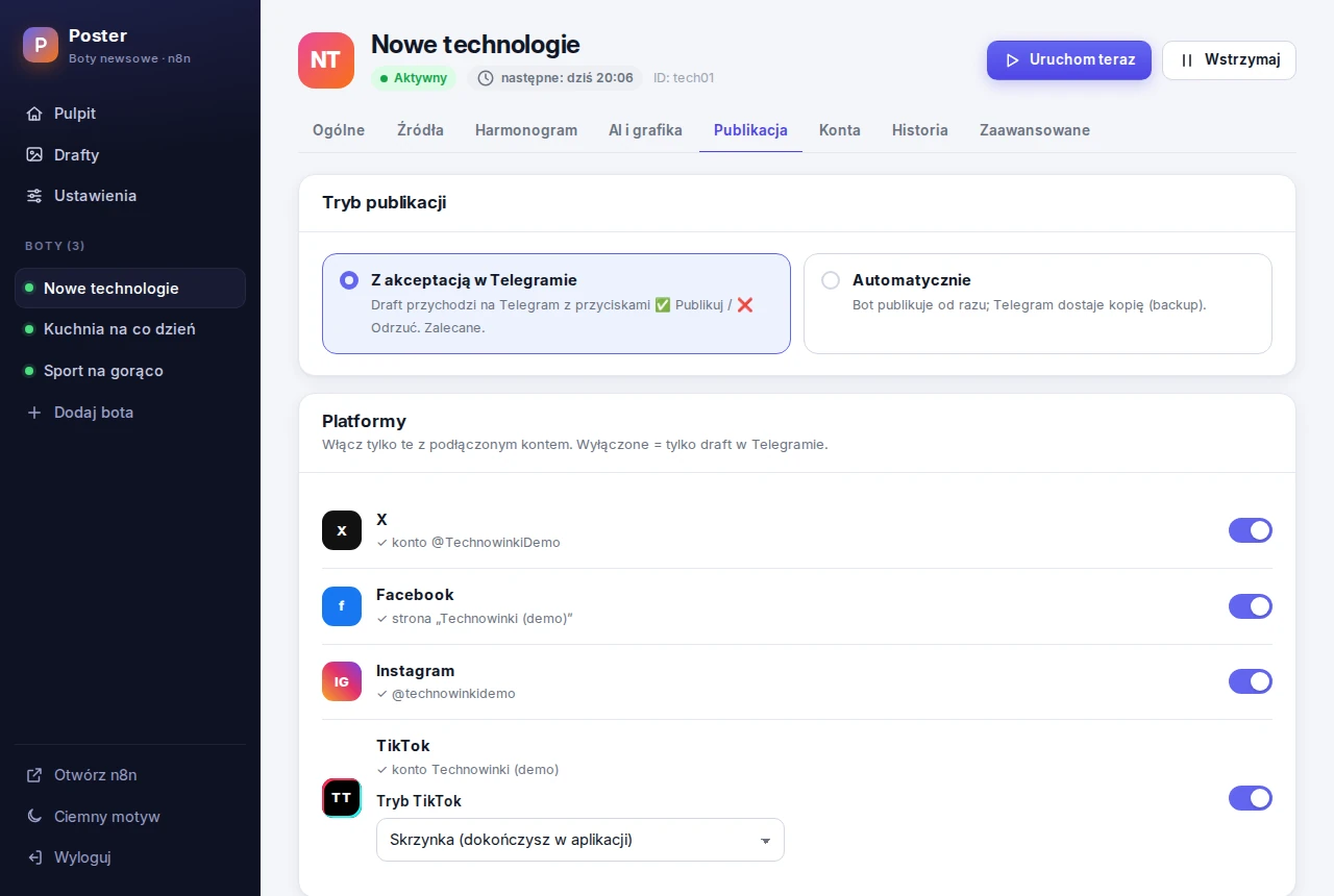 Publikacja na X, Facebooku, Instagramie i TikToku