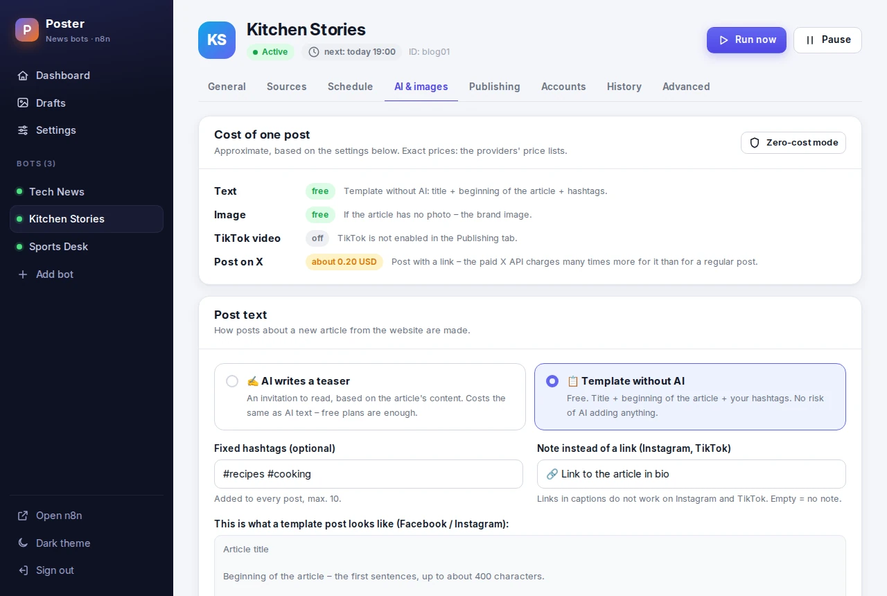Website / blog bot: post text from a template without AI