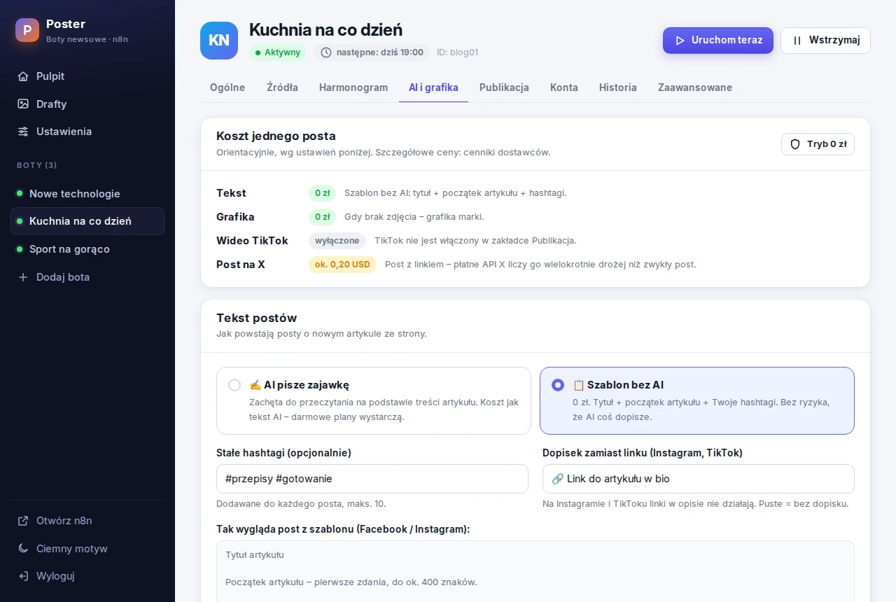 Bot strony / bloga: tekst posta z szablonu bez AI