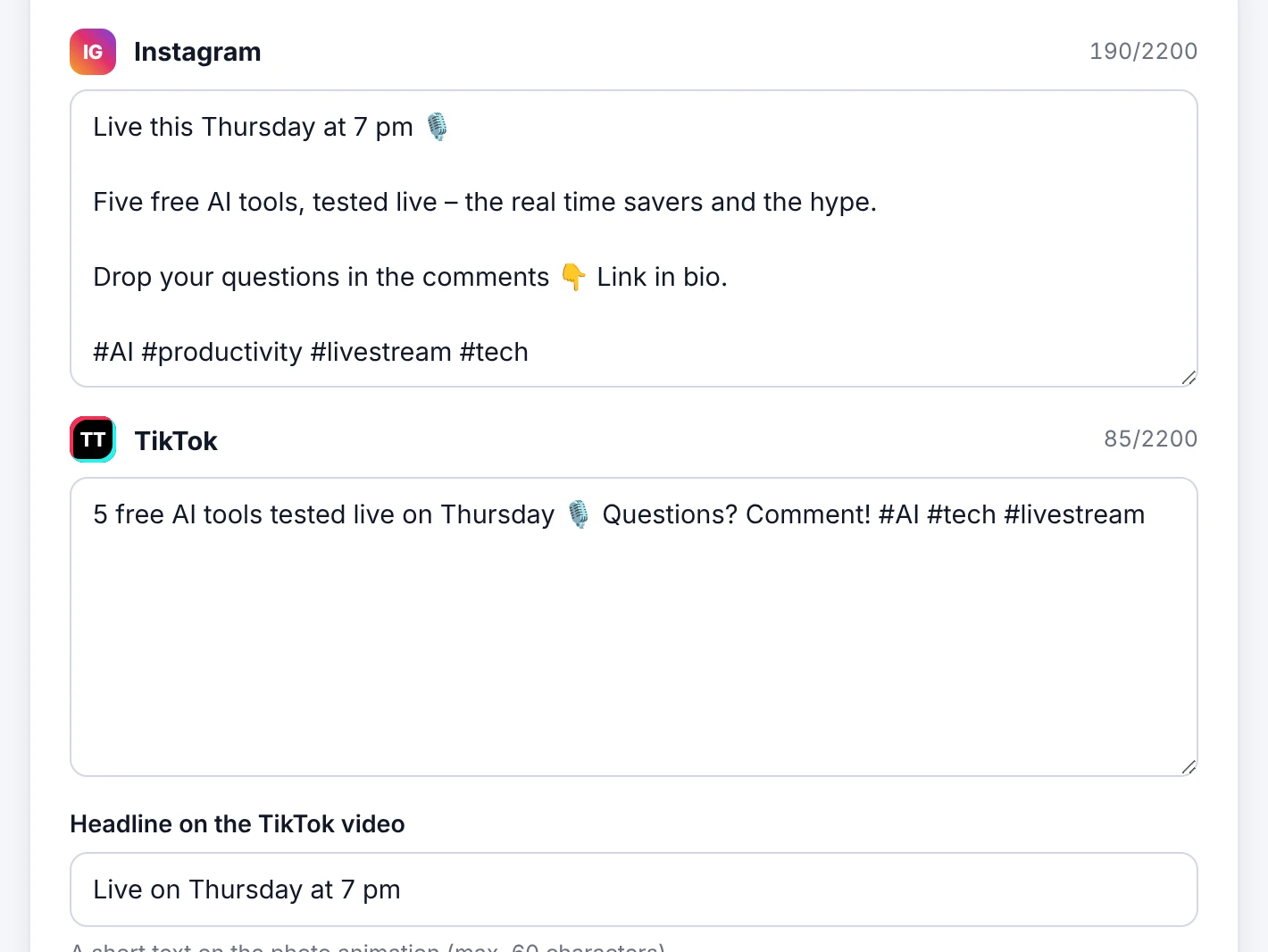 New post: Instagram and TikTok versions and the video headline
