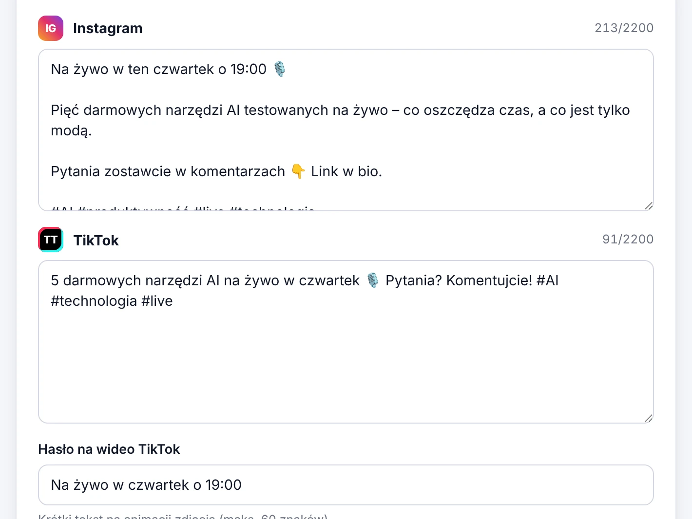 Nowy post: wersje na Instagram i TikToka oraz hasło na wideo