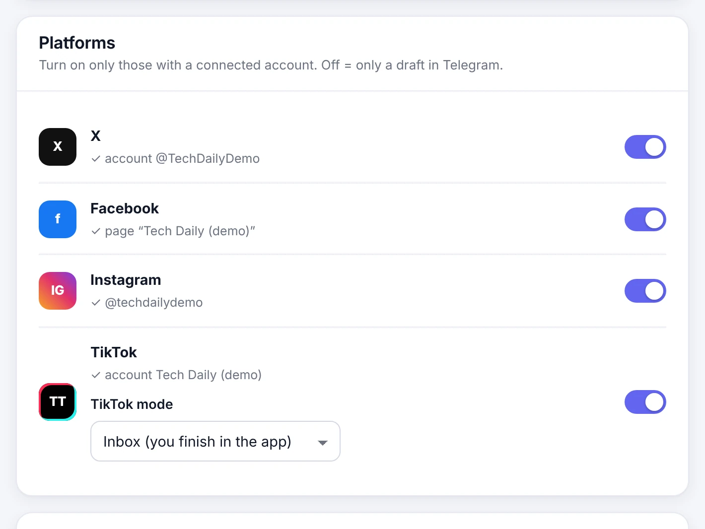 Platforms tab: switches for X, Facebook, Instagram and TikTok