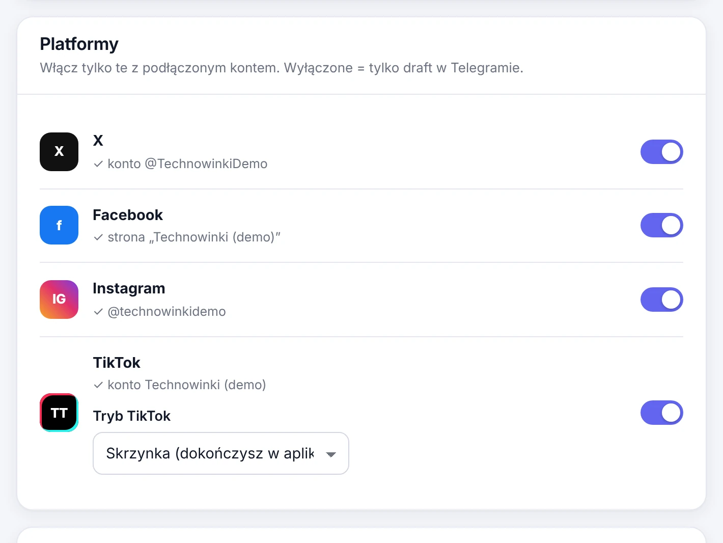 Zakładka Publikacja: przełączniki X, Facebooka, Instagrama i TikToka